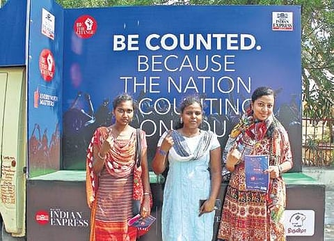 Girls pose in front of a awareness vehicle, launched by TNIE, in Chennai | Nakshatra Krishnamoorthy