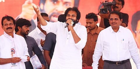Jana Sena chief Pawan Kalyan during poll campaign at Anakapally in Visakhapatnam. (Photo | EPS)