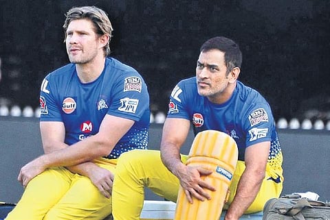 CSK’s Shane Watson (L) and MS Dhoni during training on Monday | D SAMPATHKUMAR