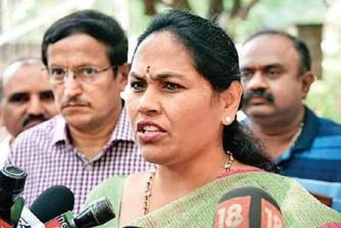 Shobha Karandlaje at CID office after visiting arrested journalist Hemanth Kumar | Nagaraja Gadekal