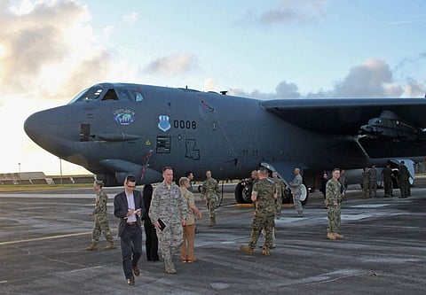 A file photo of B-52 Stratofortress deployed to Andersen Air Force Base in Guam, stands on display, February 8, 2018. (Photo | AFP)