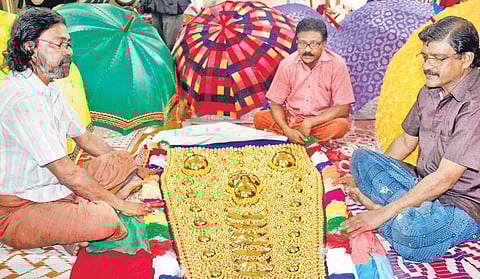 Jose, Johnson and Davis of Kuthokkaran family at the workshop of Thiruvambady Devaswom in Thrissur | Express