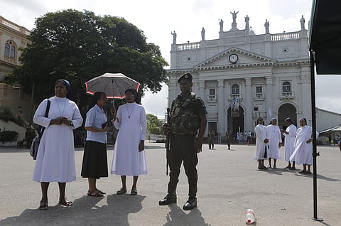 Sri Lankan army soldier secure the St. Lucia's cathedral as Catholic nuns attend a holy mass held to bless victims of Easter Sunday attacks in Colombo, Sri Lanka, Saturday, May 11, 2019. (Photo | AP)