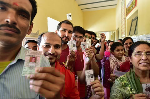 Delhi voters at a polling station during the sixth phase of the 2019 Lok Sabha elections (Photo | PTI)