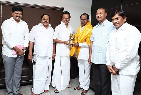 Telangana CM K Chandrasekhar Rao with DMK chief MK Stalin. (Photo | EPS)
