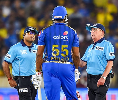 There wasn't any verbal protest from Kieron Pollard as he just heard the umpires and then went about his business (Photo | PTI)