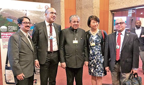 Chief Minister Pinarayi Vijayan, Chief Secretary Tom Jose, Revenue Secretary V Venu and and Disaster Management Authority member-secretary Sekhar V Kuriakose at the Disaster Risk Reduction Summit in Geneva, Switzerland on Monday (Photo| EPS)