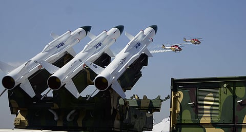 Medium-range mobile surface-to-air missile defence system Akash at an airbase