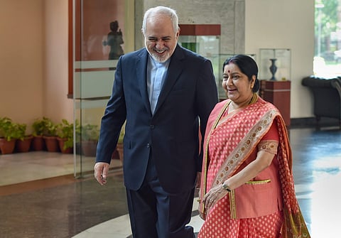 External Affairs Minister Sushma Swaraj and Iranian Foreign Minister Mohammad Javad Zarif before a meeting in New Delhi Tuesday May 14 2019. | PTI