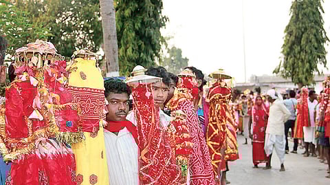 Locals with their dieties heading for the spring festival; (top) procession of the Phagun Madai festival