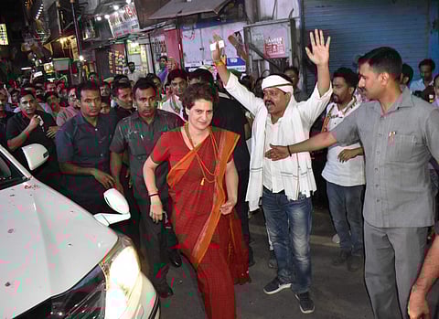 Priyanka Gandhi during her Varanasi roadshow (Photo | PTI)