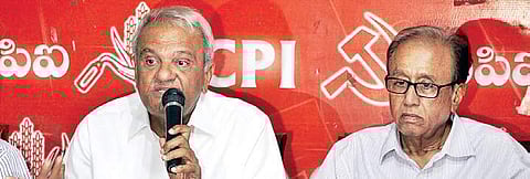CPI leaders K Narayana and Suravaram Sudhakar Reddy address the media in Hyderabad on Thursday | Express