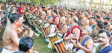 Ilanjithara melam being staged as part of Thrissur Pooram (Photo| EPS)