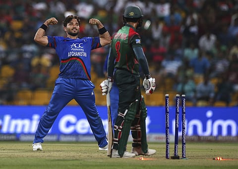 Afghanistan's Gulbadin Naib celebrates the dismissal of Bangladesh's Mohammad Mithun. | (File | AP)