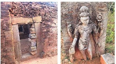 (Left) Broken door frame of a hall in Singha Prastha Buddhist monastery and image of Jatamukuta-Lokeswar lying under open sky at Udaygiri | Express