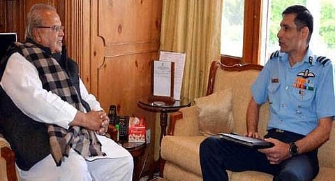 Air Vice Marshal Pankaj Mohan Sinha (R) with J&K Governor Satya Pal Malik (Photo | Twitter)