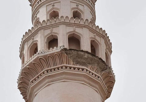 The damaged minaret of the iconic Charminar in Hyderabad. (Photo | Vinay Madapu, EPS)