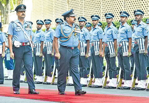 New Air vice chief Rakesh Bhadauria inspects a guard of honour at IAF headquarters in New Delhi on Wednesday I PTI