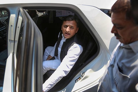Samajwadi Party President Akhilesh Yadav leaves after meeting the Bahujan Samajwadi Party supremo Mayawati at her residence in Lucknow. (Photo | PTI)