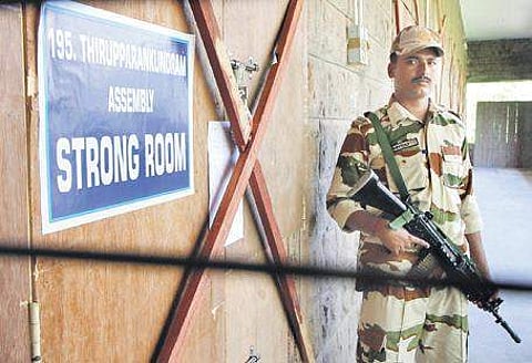 Paramilitary force deployed at a strong room at Madurai Medical College, on Monday (Photo| k ksundar/EPS)