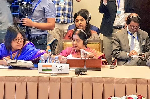 Susham Swaraj addresing the SCO meeting in Shanghai. (Photo | Twitter/ @@MEAIndia)