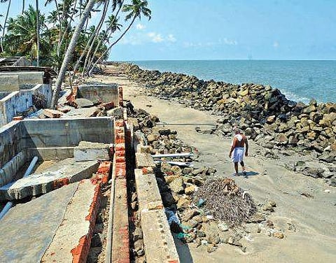 Antony Kuttapassery, a resident of Chellanam, walks through the stretch of his destroyed hatchery, which was destroyed during Ockhi A Sanesh