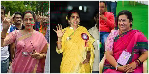 (From L to R): Newly elected MPs for the 17th Lok Sabha Hema Malini, Tamizhachi Thangapandian, Meenakshi Lekhi.