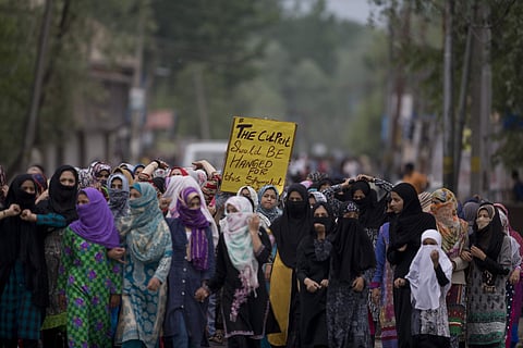 Kashmiri women participate in a protest against the alleged rape of a 3-year-old girl from Mirgund, outskirts of Srinagar . (Photo | AP)