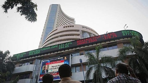 A screen displaying the Sensex is pictured at the Bombay Stock Exchange (BSE) building in Mumbai.