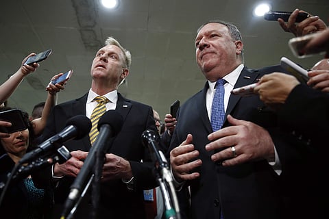 Acting Defense Secretary Patrick Shanahan(L) and Secretary of State Mike Pompeo speak to members of the media after a classified briefing for members of Congress on Iran on Capitol Hill in Washington (File photo| AP)