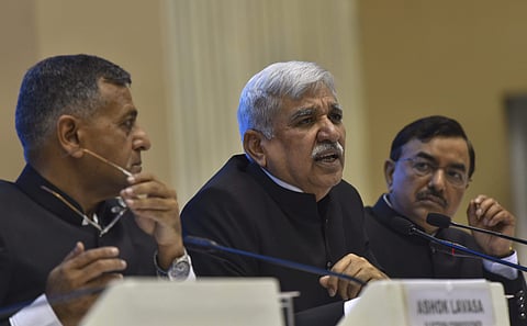Chief Election Commissioner Sunil Arora along with Election Commissioners Ashok Lavasa (L) and Sushil Chandra (R) addressing a press conference. (File| PTI)