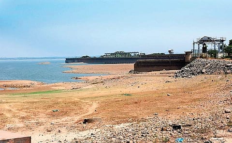 The water level in the Krishna Raja Sagar dam across the Cauvery in Mandya district was 81.31 ft on Tuesday as against the full reservoir level of 124.8 ft. | (Udayashankar S | EPS)