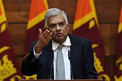 Prime Minister of Sri Lanka Ranil Wickremesinghe gestures as he answers questions from a journalist during a press conference in Colombo (File photo| AFP)