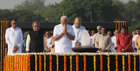 Narendra Modi pay tribute to former PM Atal Bihari Vajpayee ahead of his swearing-in-ceremony as the Prime Minister. BJP President Amit Shah & other party leaders in New Delhi on Friday. | (Shekhar Yadav | EPS)