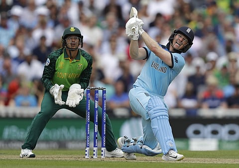 England's captain Eoin Morgan plays a shot for six off the bowling of South Africa's Aiden Markram during the World Cup cricket match between England and South Africa at The Oval in London. (Photo | AP)