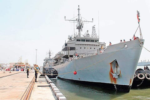 Navy’s hydrographic survey vessel INS Investigator, that arrived in Kochi on Wednesday, docked at Kochi Naval Base