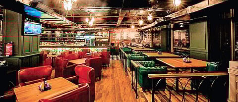 Interiors of Noida’s quirkily named restaurant, ‘I Sacked Newton’; (below) savouries from the appetisers’ menu