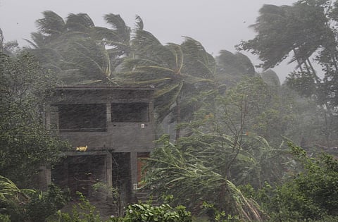 An abandoned house and trees bend with gusty winds ahead of the landfall of cyclone Fani on the outskirts of Puri (Photo | AP)
