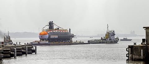 Indian Navy's fourth stealth Scorpene class Submarine Vela built at the Mazagon Dock Limited MDL during its launch in Mumbai Monday. (Photo | PTI)