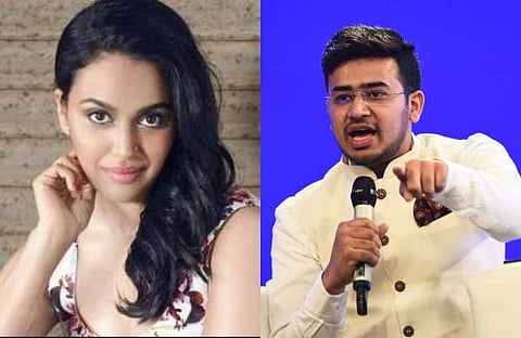 Swara Bhaskar(L) and Tejasvi Surya(R)
