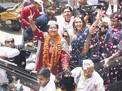 Actress Swara Bhaskar and Gujarat politician Jignesh Mevani campaign for AAP candidate Aatishi during a road show at Gandhi Nagar on Tuesday | Parveen Negi