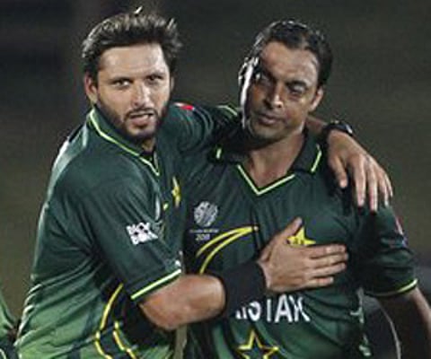 Pakistan's captain Shahid Afridi celebrates with Pakistan's Shoaib Akhtar in their ICC Cricket World Cup match. (File | AP Photo)