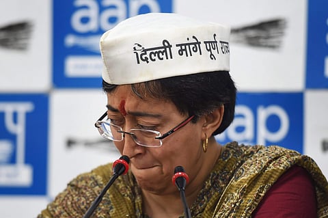 Aam Aadmi Party East Delhi candidate Atishi breaks down during a press conference by Delhi Deputy Chief Minister Manish Sisodia unseen ahead of the sixth phase of Lok Sabha polls in New Delhi Thursday. (Photo | PTI)
