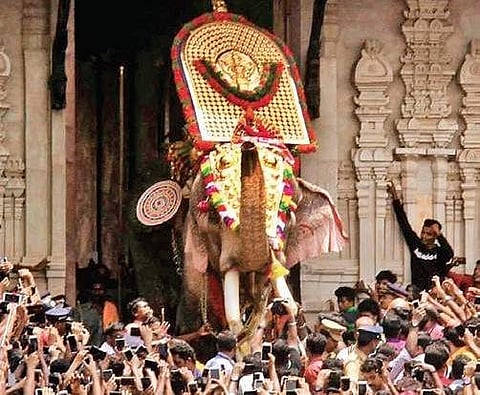 Thechikottukavu Ramachandran comes out of the south gate of the Vadakkumnathan Temple | Express