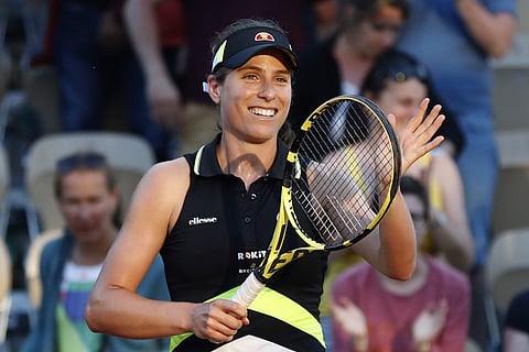 Britain's Johanna Konta celebrates winning her third round match of the French Open tennis tournament against Slovakia's Viktoria Kuzmova in two sets, 6-2, 6-1, at the Roland Garros stadium in Paris. (Photo | AP)