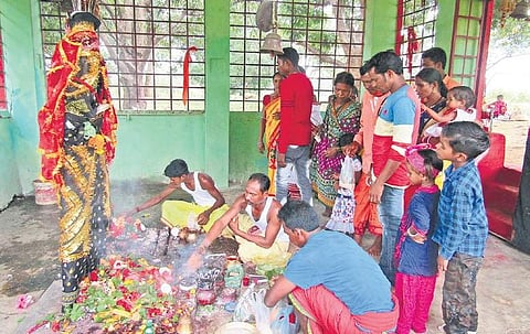 Special rituals being performed at Biripani temple in Gadapadar village. (Photo | EPS)