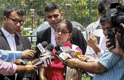 Jagisha Arora talking to the press post SC verdict. (Photo| PTI)