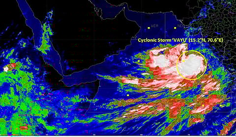 IMD has issued heavy rainfall warning in view of northward-moving cyclonic Cyclone Vayu in the Arabian Sea. (Photo | Twitter)