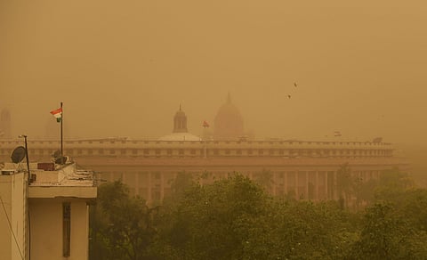 A view of the Parliament House during a dust storm in New Delhi on Wednesday June 12 2019. (Photo | PTI)
