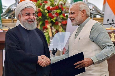 Prime Minister Narendra Modi with Iranian President Hassan Rouhani at Hyderabad House in New Delhi (File| PTI)